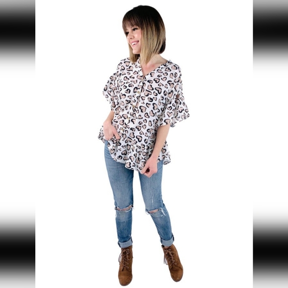 Heart Shape Cheetah print Peplum Button up Top - Picture 1 of 2